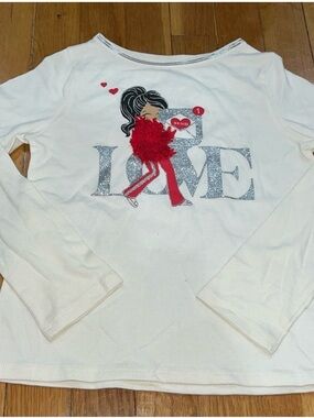 Girls White Long-Sleeve LOVE Graphic Tee with Red Pom Detail